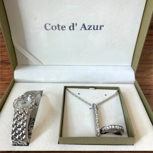 Cote d' Azur 3-Piece Silver Jewelry Set Watch, Necklace & Ring NEW - Picture 1 of 12